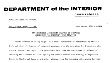 Environmental Assessment Drafted on Proposed Amendments to Migratory Bird Treaties April 2, 1980