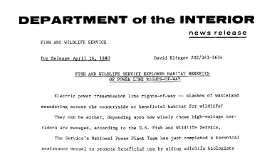 Fish and Wildlife Service Explores Habitat Benefits of Power Line Rights-Of-Way April 16, 1980