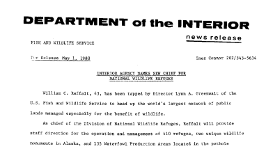Interior Agency Names New Chief for National Wildlife Refuges May 1, 1980