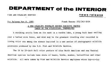 A New Wildlife Portrait Series Exhibits Photos Taken by the Wildlifers, Themselves May 8, 1980