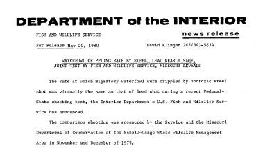 Waterfowl Crippling Rate by Steel, Lead Nearly Same, Joint Test by Fish and Wildlife Service, Missouri Reveals May 20, 1980