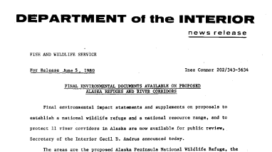 Final Environmental Documents Available on Proposed Alaska Refuges and River Corridors-- June 5, 1980