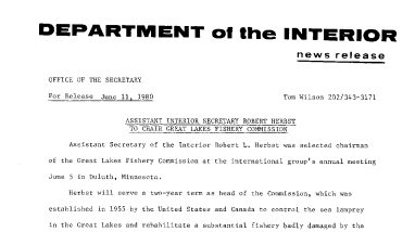 Assistant Interior Secretary Robert Herbst to Chair Great Lakes Fishery Commission-- June 11, 1980