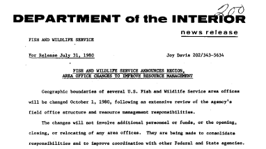 Fish and Wildlife Service Announces Region, Area Office Changes to Improve Resource Management July 31, 1980