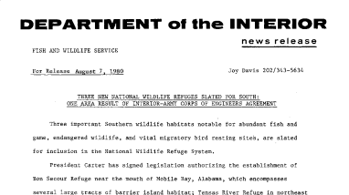 Three New National Wildlife Refuges Slated for South: One Area Result of Interior-Army Corps of Engineers Agreement August 7, 1980