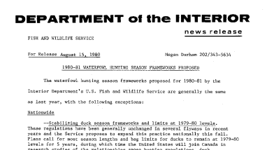 1980-81 Waterfowl Hunting Season Frameworks Proposed August 15, 1980
