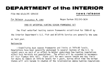 1980-81 Waterfowl Hunting Season Frameworks Set September 5, 1980
