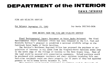 News Briefs From the Fish and Wildlife Service September 23, 1980