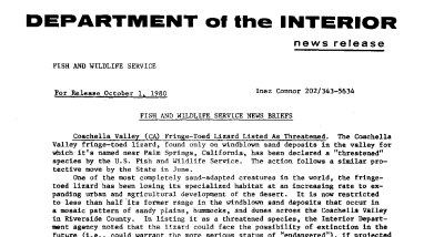 Fish and Wildlife Service News Briefs October 1, 1980