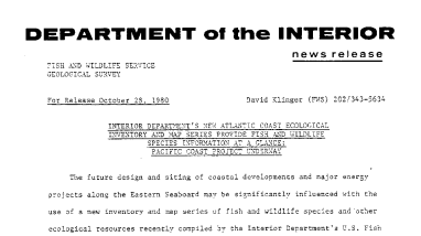 Interior Department's New Atlantic Coast Ecological Inventory and Map Series Provide Fish and Wildlife Species Information at A Glance; Pacific Coast Project Underway October 28, 1980