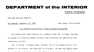 Six Indicted on Multiple Illegal Wildlife Violations November 25, 1980