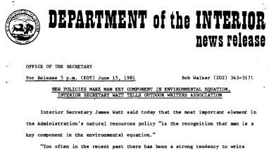 New Policies Make Man Key Component in Environmental Equation, Interior Secretary Watt Tells Outdoor Writers Association June 15, 1981
