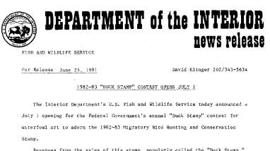 1982-83 "Duck Stamp" Contest Opens July 1 June 25, 1981