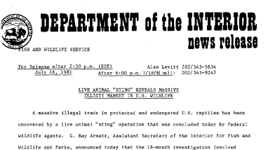 Live Animal "Sting" Reveals Massive Illicit Market in U.S. Wildlife July 16, 1981