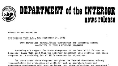 Watt Emphasizes Federal/state Cooperation and Continued Strong Protection in Fish & Wildlife Programs September 14, 1981