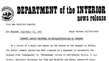 Comment Period Reopened on Reclassification of Leopard September 14, 1981