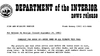 Forecast for Geese Up--Ducks Down on All Flyways This Fall September 29, 1981