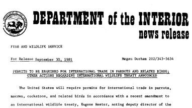 Permits to Be Required for International Trade in Parrots and Related Birds; Other Actions Regarding International Wildlife Treaty Announced September 30, 1981