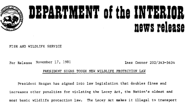 President Signs Tough New Wildlife Protection Law November 17, 1981