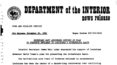 Secretary Watt Announces Support of Plan to Preserve- in Louisiana's Atchapalaya Basin November 24, 1981