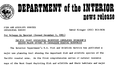 Pacific Coast Ecological Inventory Completes Interior's Secnd Major Effort to Catalogue Coastal Resources December 3, 1981