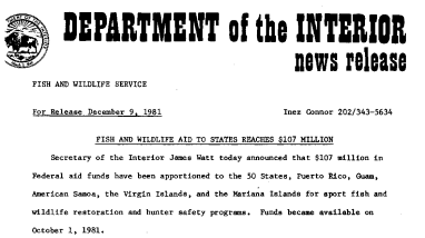 Fish and Wildlife Aid to States Reaches $107 Million December 9, 1981