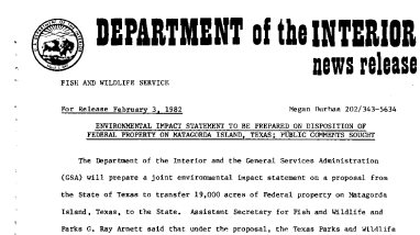 Environmental Impact Statement to Be Prepared on Disposition of Federal Property on Matagorda Island, Texas; Public Comments Sought February 3, 1982