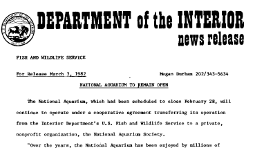 National Aquarium to Remlain Open March 3, 1982