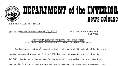 Americans' Growing Fondness for Fish Means U.S. Must Produce More or Pay More in Trade Deficits March 8, 1982