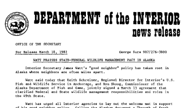 Watt Praises State-Federal Wildlife Pact in Alaska--March 18, 1982
