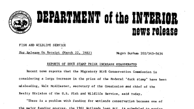Reports of Duck Stamp Price Increase Exaggerated March 22, 1982