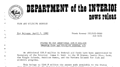 States to Get Additional $39.9 Million Through Fish and Wildlife Federal Aid April 7, 1982