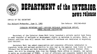 Interior Secretary Watt Launches Wetlands Protection Effort; Seeks Private Initiatives June 9, 1982