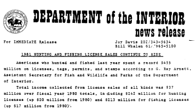 1981 Hunting and Fishing License Sales Continue to Rise June 12, 1982
