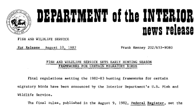 Fish and Wildlife Service Sets Early Hunting Season Frameworks for Certain Migratory Birds August 10, 1982