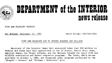 Fish and Wildlife Aid to States Reaches $82 Million September 22, 1982