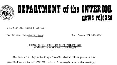 Going, Going, Gone: Wildlife Product Sale Generates A Quarter-Million Dollars November 9, 1982