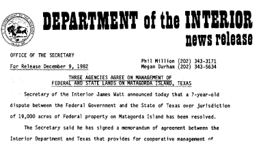 Three, Agencies Agree on Management of Federal and State Lands on Matagorda Island, Texas December 9, 1982