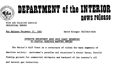 Interior Department Adds Gulf Coast Inventory to Coastal Resource Mapping Series December 17, 1982