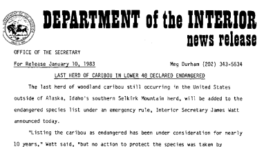 Last Herd of Caribou in Lower 48 Declared Endangered January 10, 1982