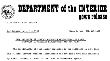 Fish and Wildlife Service Announces Appointments of Career Employees to Research Laboratories and Divisions March 11, 1983