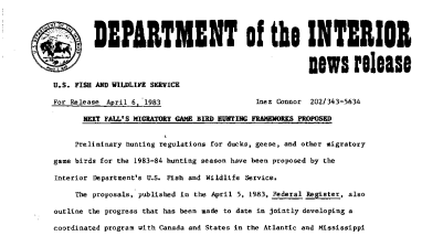 Next Fall's Migratory Game Bird Hunting Frameworks Proposed April 6, 1983