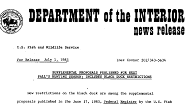 Supplemental Proposals Published for Next Fall's Hunting Season; Includes Black Duck Restrictions July 1, 1983