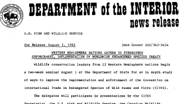 Western Hemisphere Nations Gather to Strengthen Enforcemnt, Implementation of Worldwide Endangered Species Treaty August 1, 1983