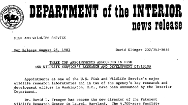 Three Top Appointments Announced in Fish and Wildlife Service's Research and Development Division August 25, 1983