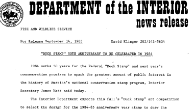"Duck Stamp" 50th Anniversary to Be Celebrated in 1984 September 14, 1983
