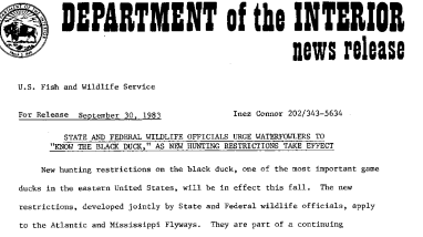 State and Federal Wildlife Officials Urge Waterfowlers to “Know the Black Duck," as New Hunting Restrictions Take Effect September 30, 1983