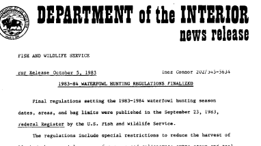 1983-84 Waterfowl Hunting Regulations Finalized October 20, 1983