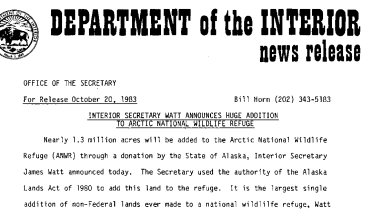 Interior Secretary Watt Announces Huge Addition to Arctic National Wildlife Refuge October 20, 1983