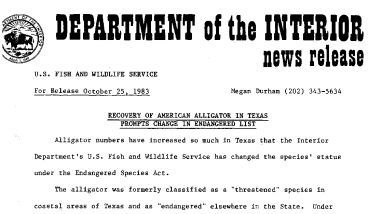 Recovery of American Alligator in Texas Prompts Change in Endangered List October 25, 1983